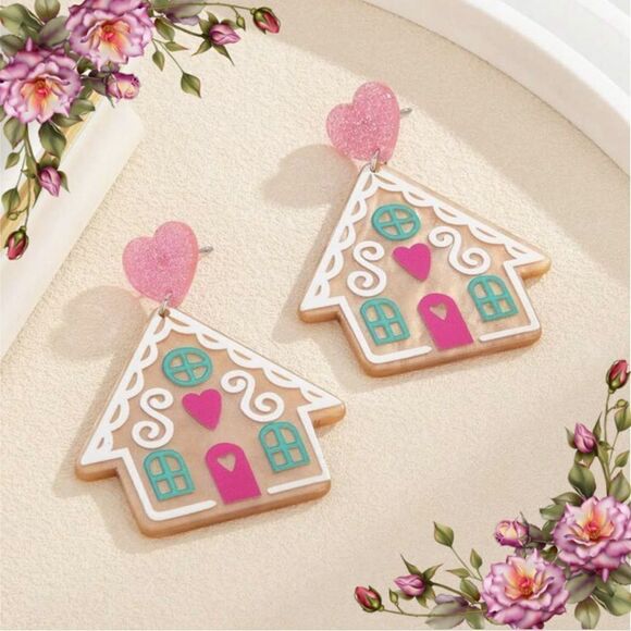 Christmas Ginger bread House Printed Earrings For Christmas - Picture 1 of 9